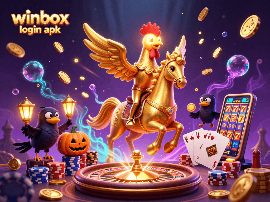Experience winning with the winbox login apk, featuring 3D characters in a vibrant casino setting.