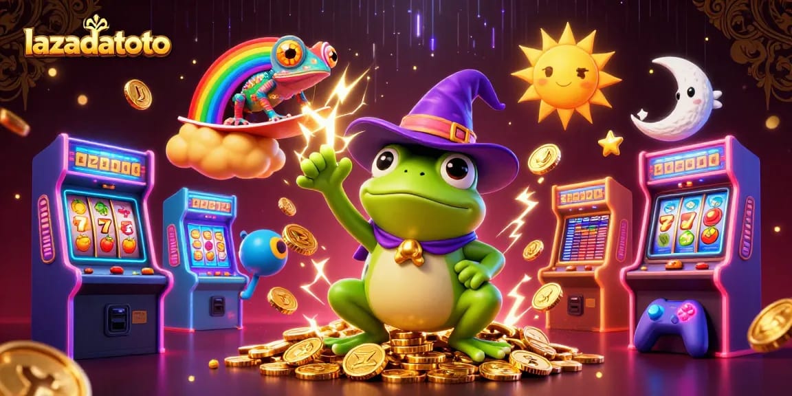 Experience the thrill at lazadatoto with our dynamic illustrated scene of a wizard frog and chameleon amidst golden coins.