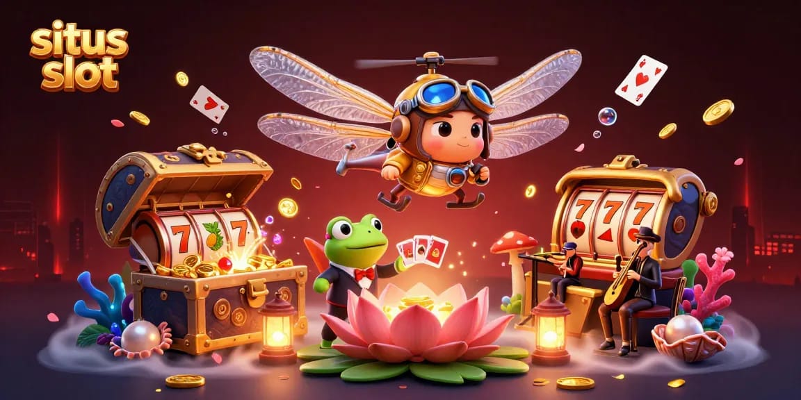 Experience the excitement of situs slot as a dragonfly pilot explores an animated casino scene.
