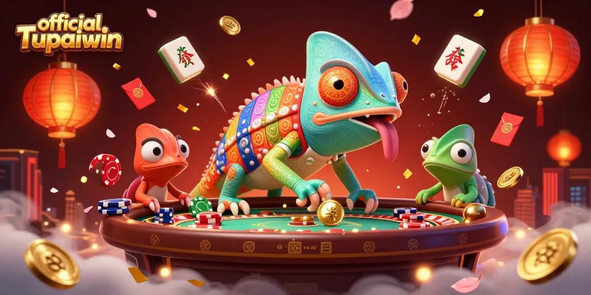 Menyaksikan permainan di official Tupaiwin dengan chameleon kasino, taruhan penuh warna, dan koin emas.