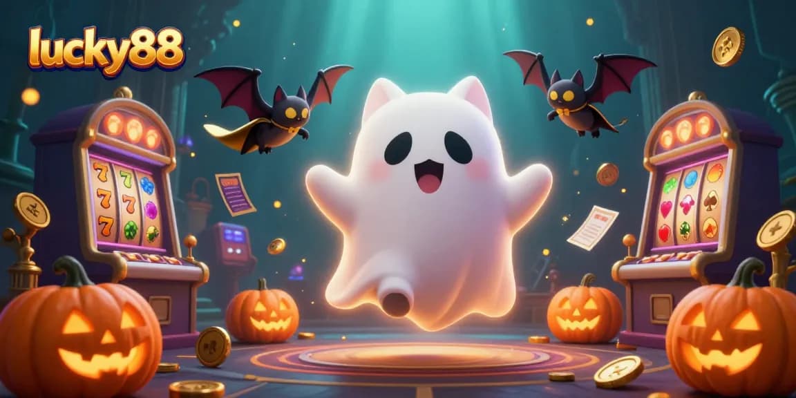 Engage with lucky88 in a vibrant haunted casino scene filled with dynamic slot elements and playful characters.