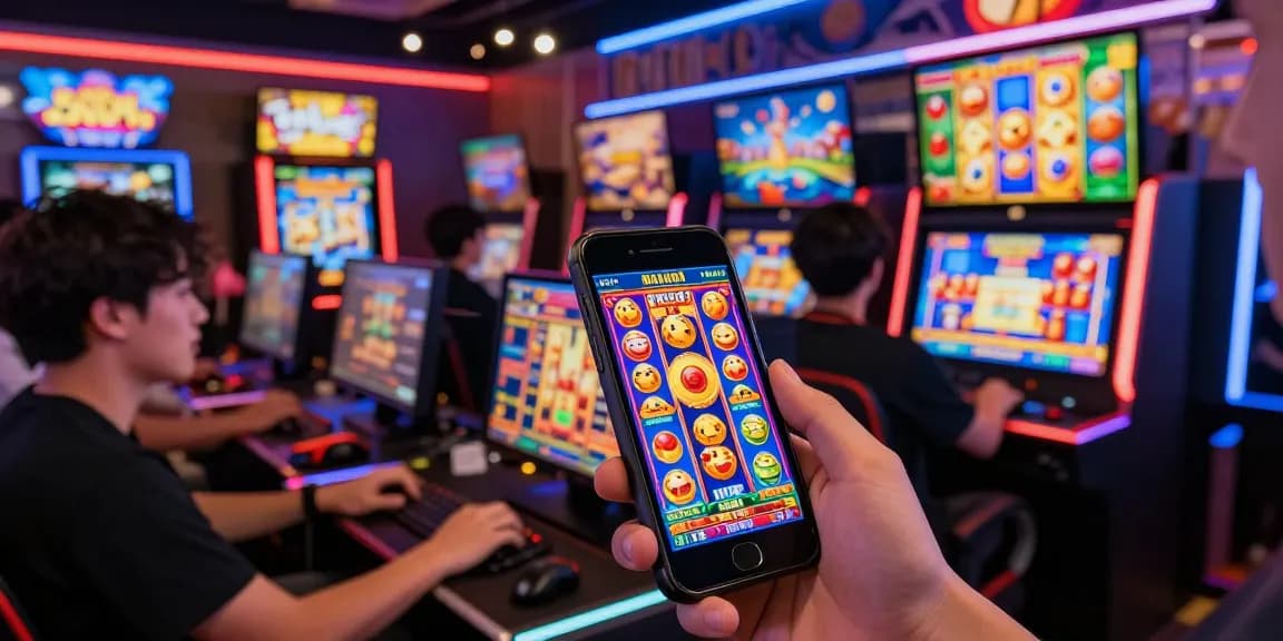 Players enjoying slot gacor games in a vibrant online gaming setup, showcasing excitement and digital interactivity.