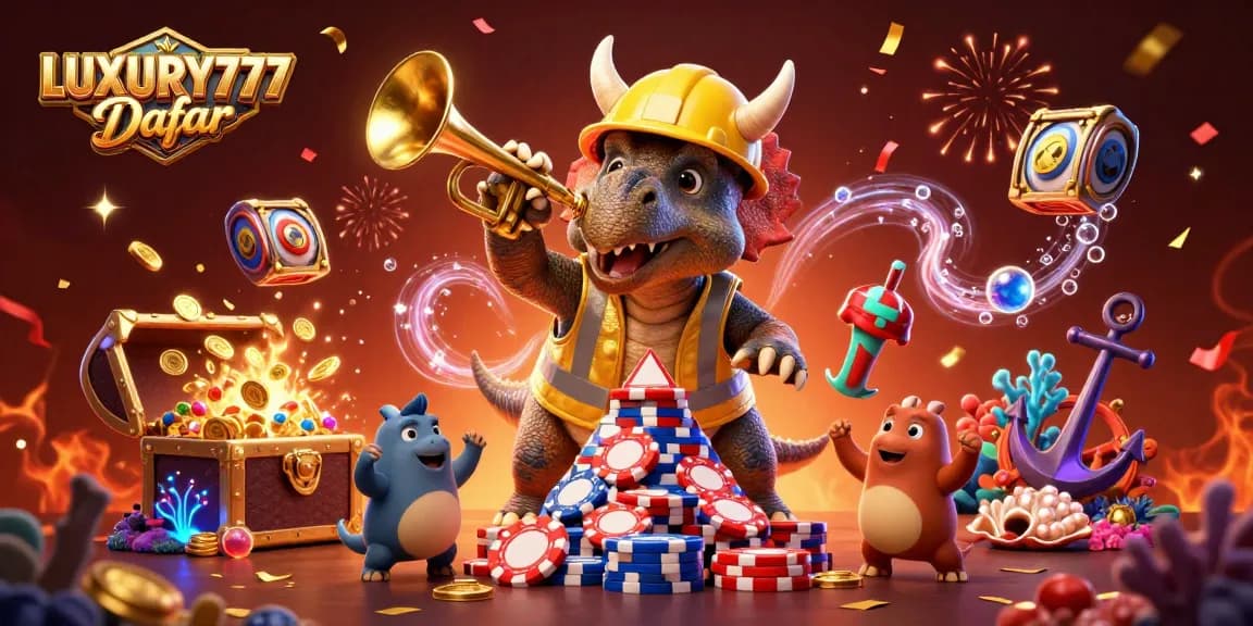 LUXURY777 Daftar, piramida chip poker yang dibangun oleh triceratops merayakan permainan dengan kemewahan di latar belakang.