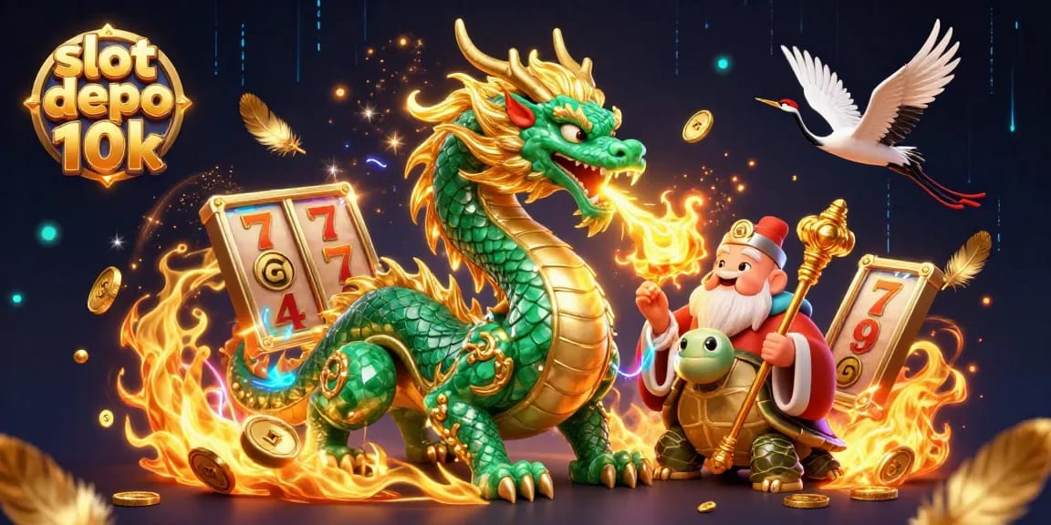 Experience slot depo 10k action in this dynamic illustration featuring mythical characters and captivating casino elements.