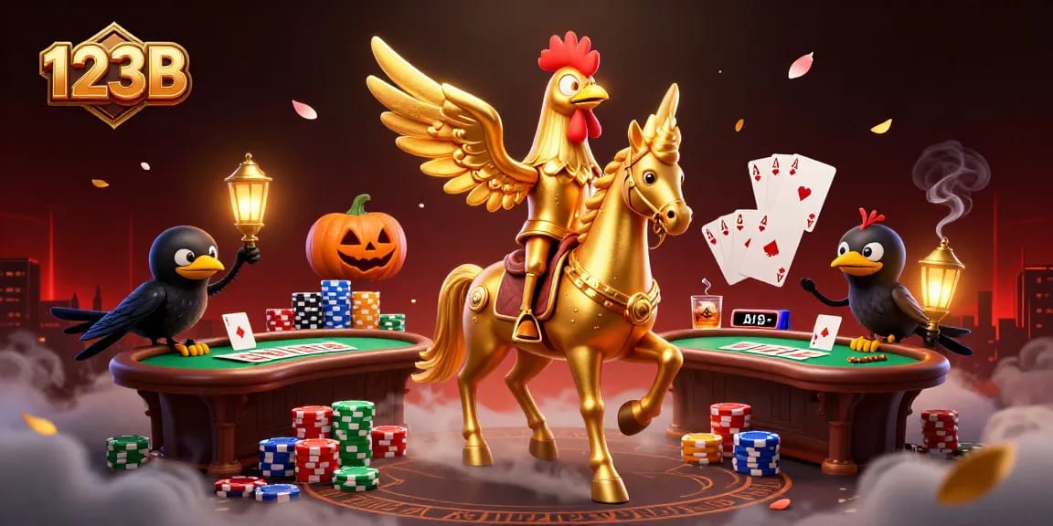 Exciting scene at 123B casino with a golden rooster and a spectral horse amidst poker chips and gaming elements.