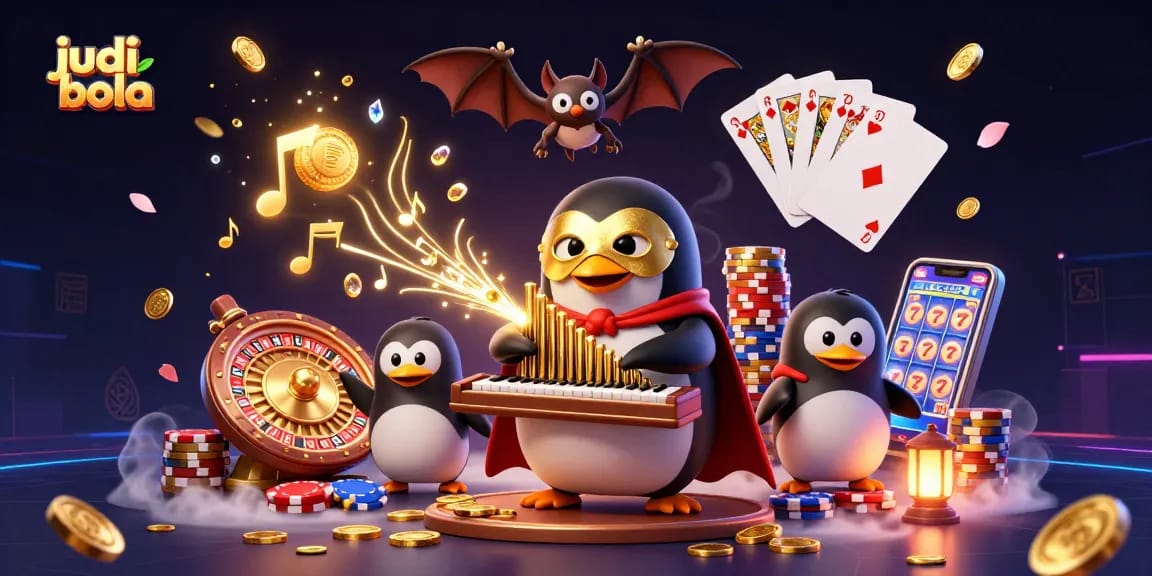Experience thrilling judi bola action with a cartoon penguin igniting gold coins from an organ in a mesmerizing casino graphic.