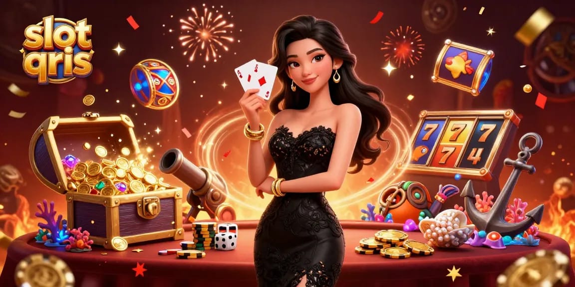 Play slots and win big with slot qris showcased in an elegant casino-themed illustration.