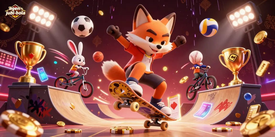 Agen-judi-bola showcases a skateboarder fox and BMX rabbit in dynamic sports action amidst vibrant casino elements.