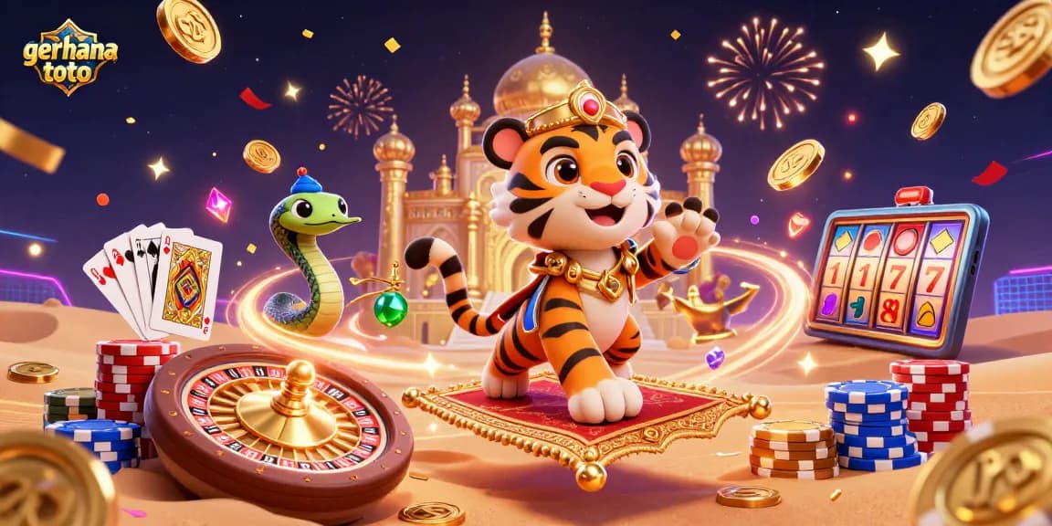 Menangkan permainan dengan gerhana toto, ilustrasi kasino 3D yang menampilkan karakter sultan dan elemen permainan berkilau.