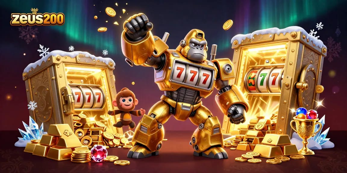 Gorilla emas mecha zeus200 menangkap kemenangan besar di kasino dengan slot mesin dan harta karun.