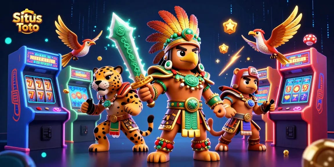 Situs Toto offers players a thrilling gaming experience with vibrant slot reels and dynamic characters.