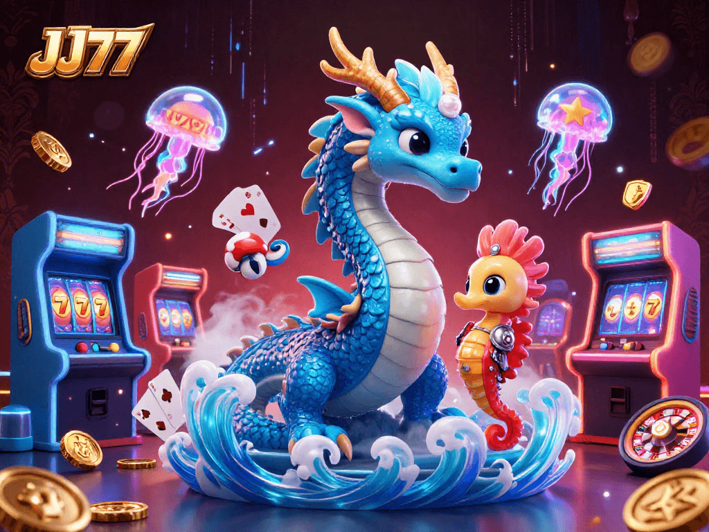 Experience thrilling games with JJ77 at this captivating casino scene featuring a water dragon, seahorse knight, and vibrant game elements.