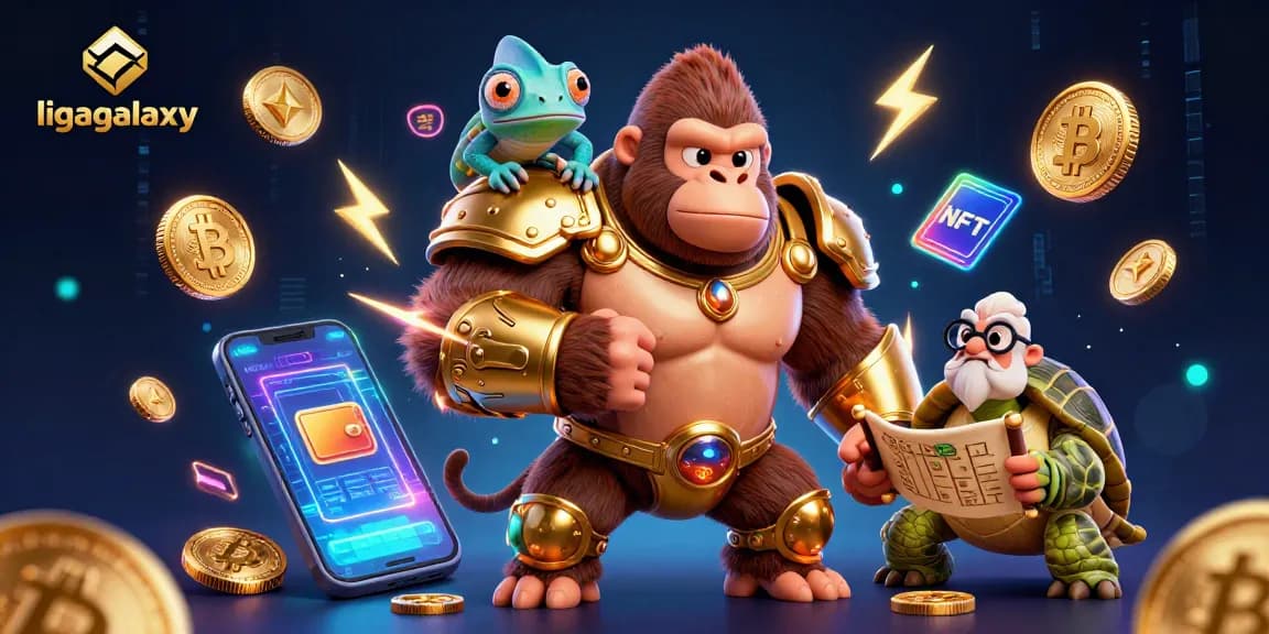 Gorila kuat di armor emas, bermain di ligagalaxy dengan koin crypto bersinar di sekelilingnya.