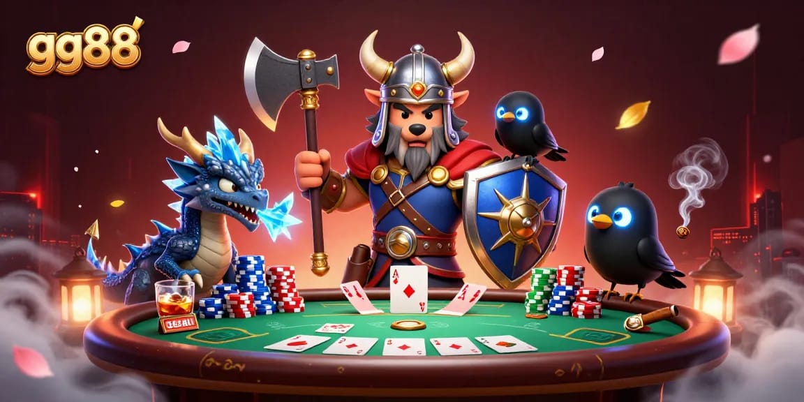 Experience thrilling gameplay at gg88 with a Viking wolf warrior and dragon amidst a vibrant poker scene!