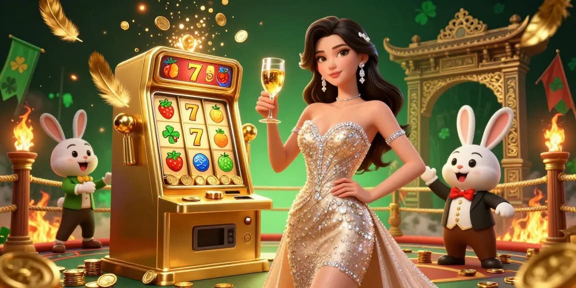 Rasakan Rpvip1 dengan adegan yang penuh warna menampilkan slot jackpot, dipenuhi dengan elemen emas dan karakter yang hidup.