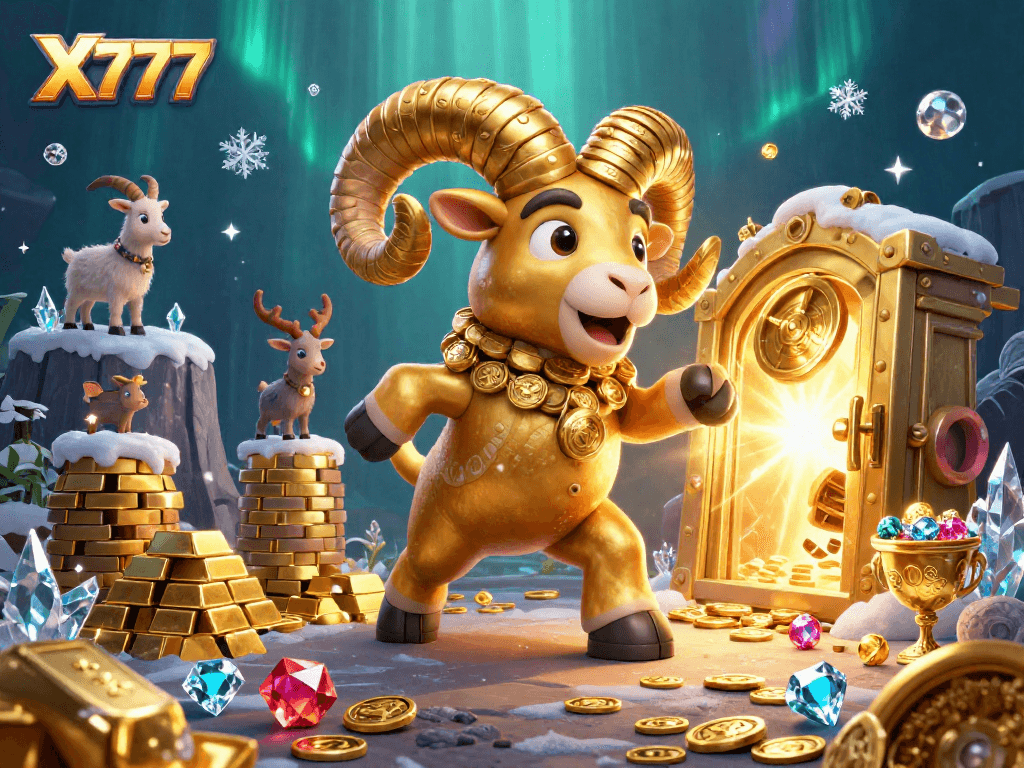X777 captures excitement with a golden ram charging through a treasure vault, featuring dynamic casino elements.