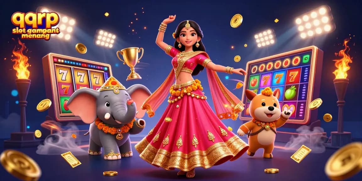 Experience winning with qqrp slot gampang menang as vibrant characters and slot elements come alive in this rich casino illustration.
