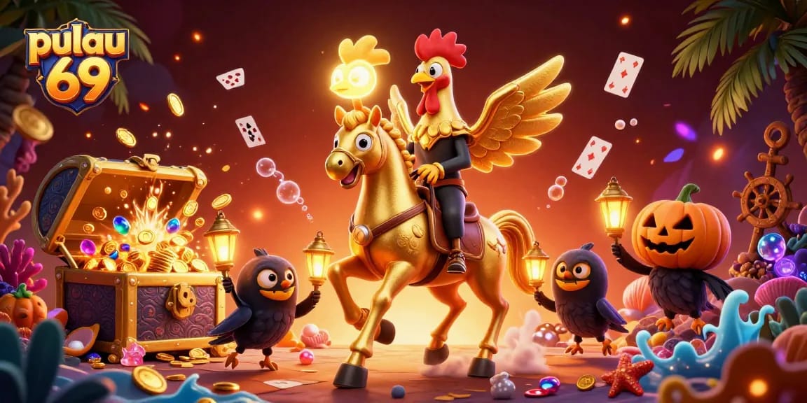 Pulau 69 illuminates a vibrant casino scene with a golden rooster and glowing treasures, evoking excitement.