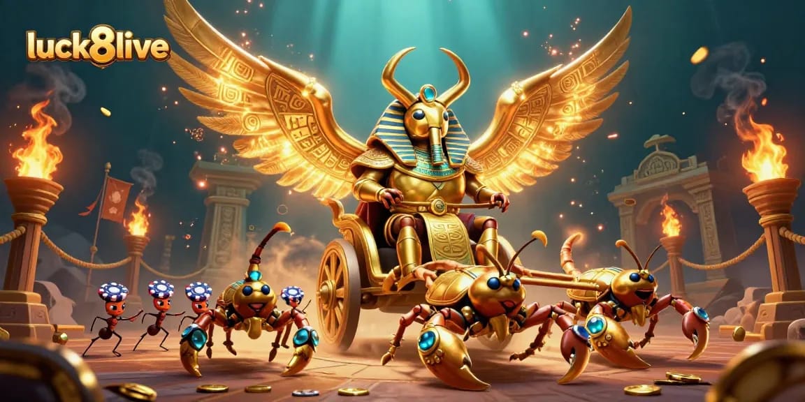 Experience thrilling gameplay with luck8live featuring a golden scarab beetle and scorpions in an action-packed casino scene.