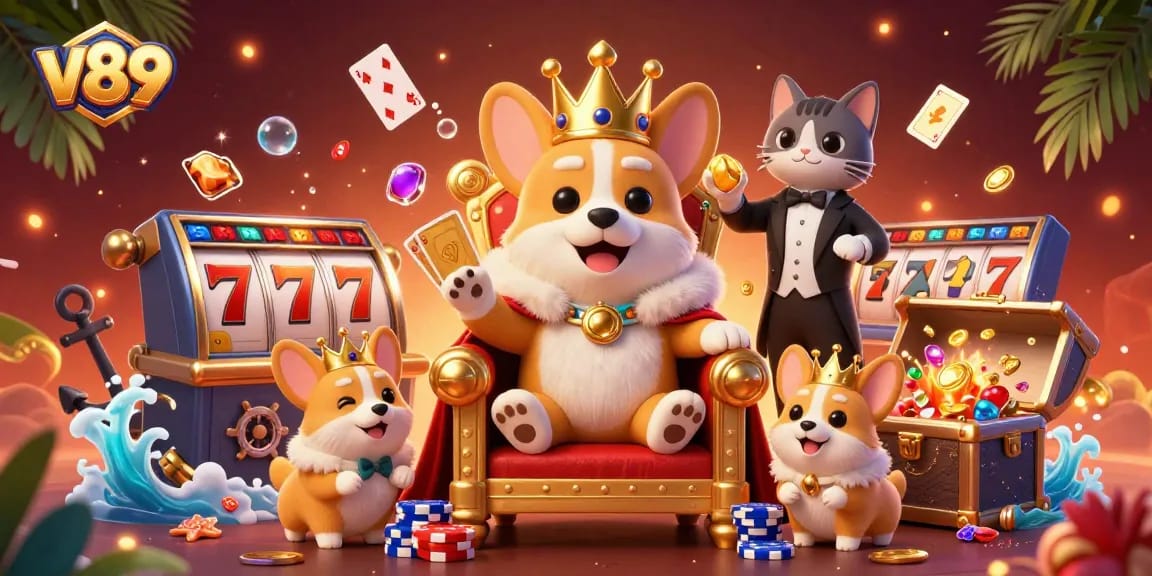 Permainan slot v89 yang menarik dengan corgi raja, kartu emas, dan dekorasi menarik lainnya.