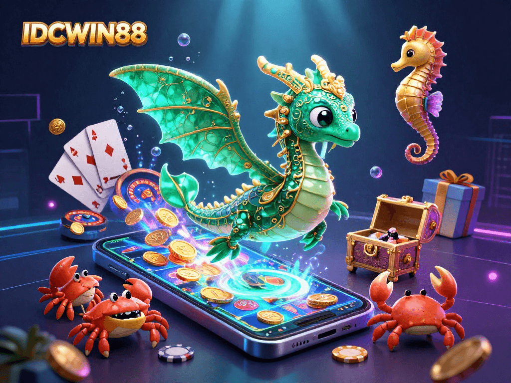 Experience thrilling gameplay at IDCWIN88 with a vibrant 3D casino scene featuring a sea dragon and treasure.