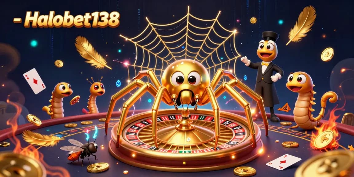 Menempatkan taruhan dengan berhati-hati di Halobet138 di meja roulette, bersama laba-laba emas dan dealer serangga.