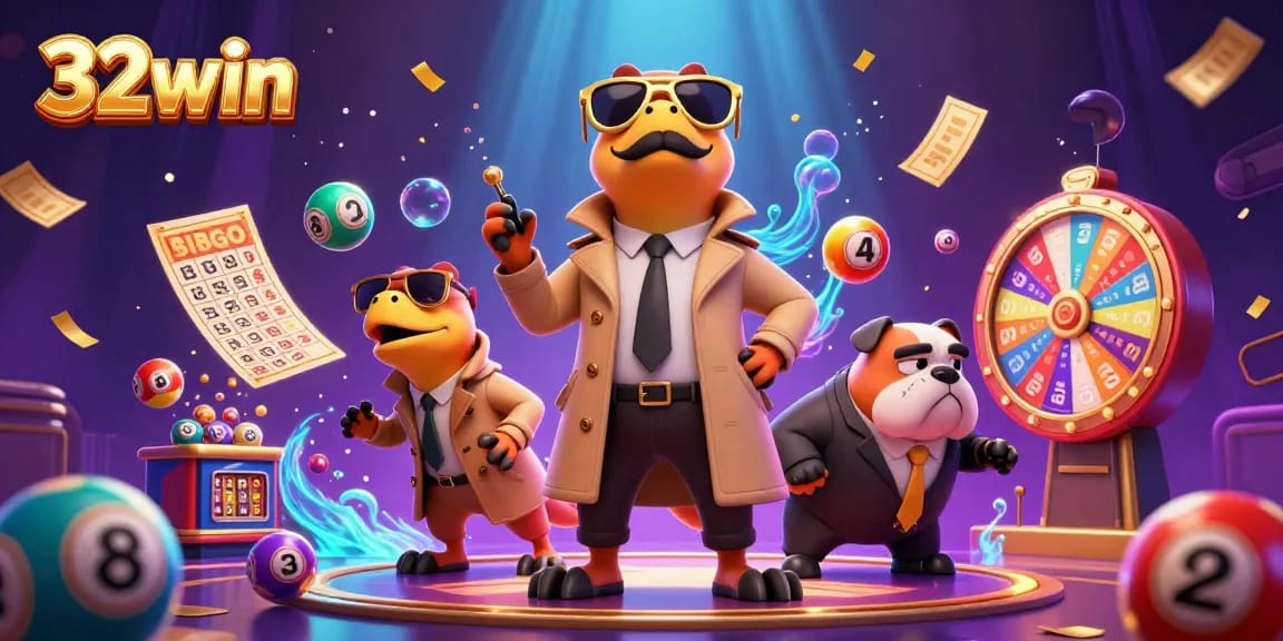 Experience the excitement at 32win with colorful lottery elements and eager players in a vibrant casino.