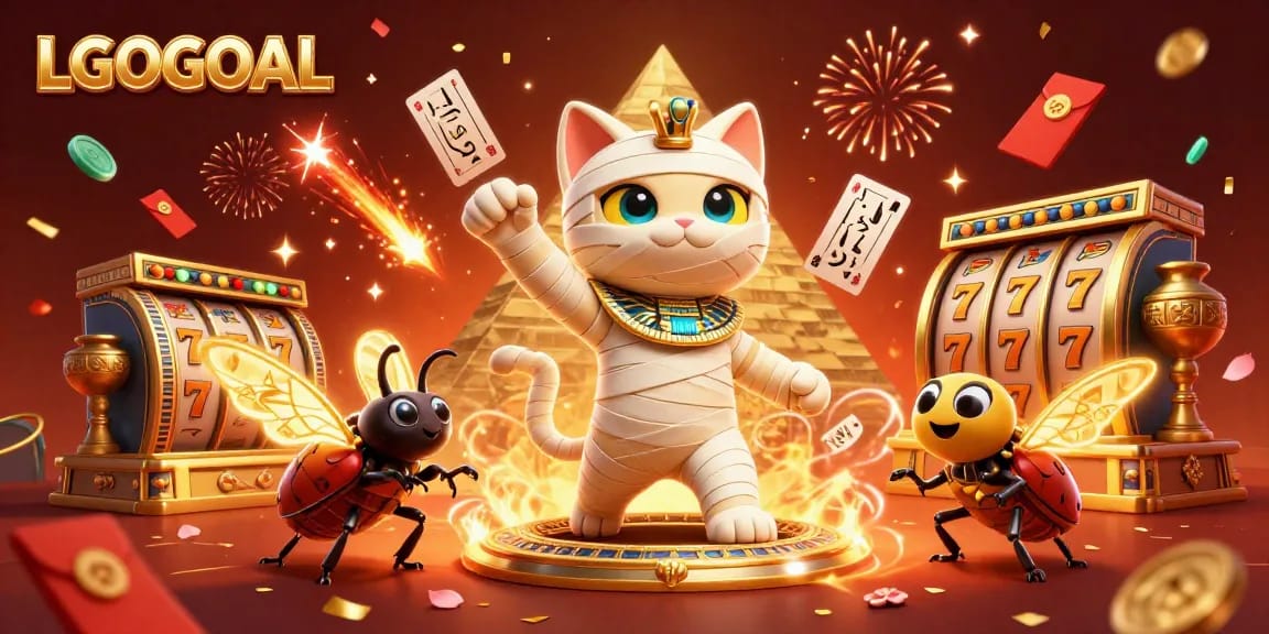 Experience thrilling gameplay with LGOGOAL featuring a mysterious mummy cat in a vibrant casino.