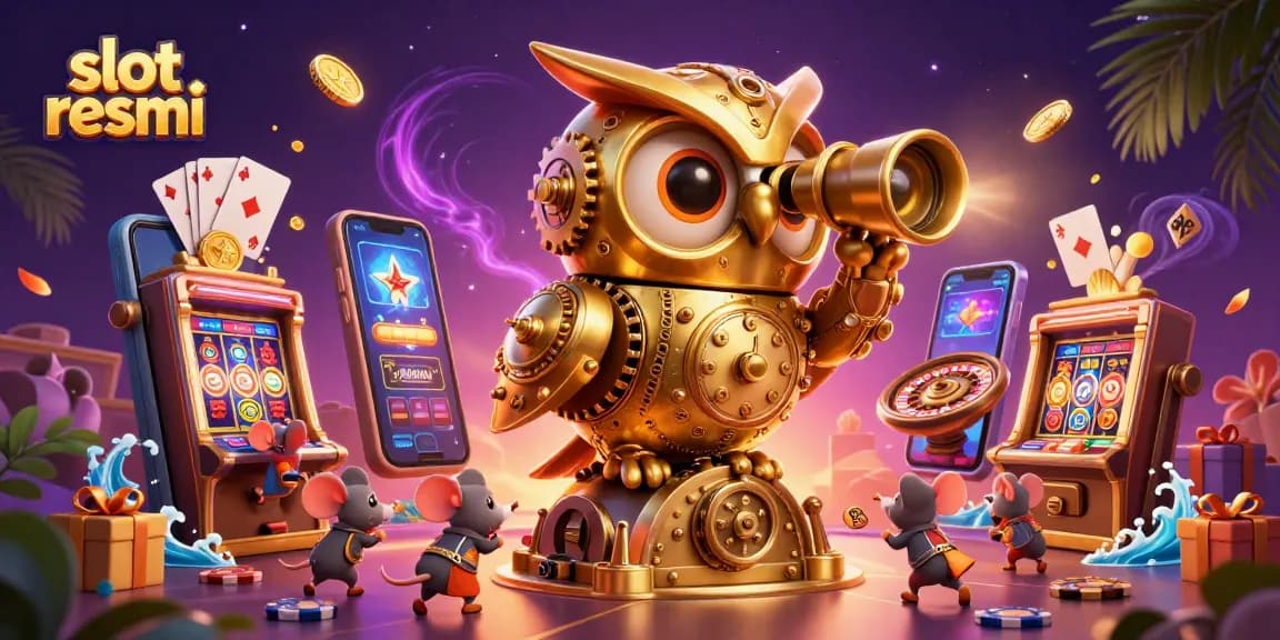 Menangkan game slot resmi sambil mengamati burung hantu emas bergear dan tikus pemutar di kasino.
