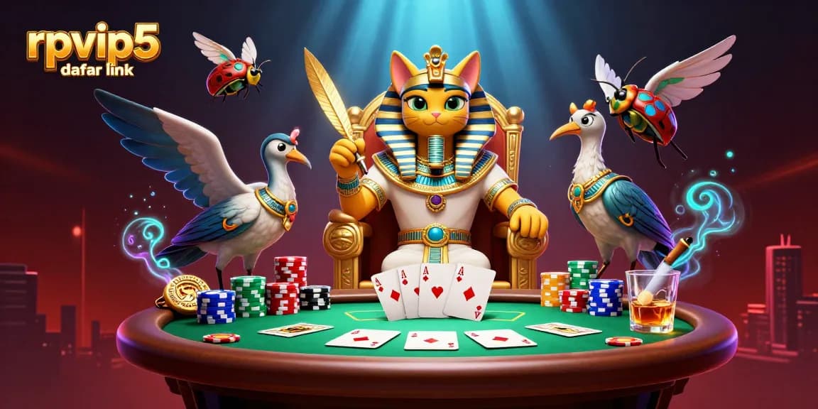 Experience the rich casino atmosphere with rpvip5 daftar link featuring a pharaoh cat and poker elements.