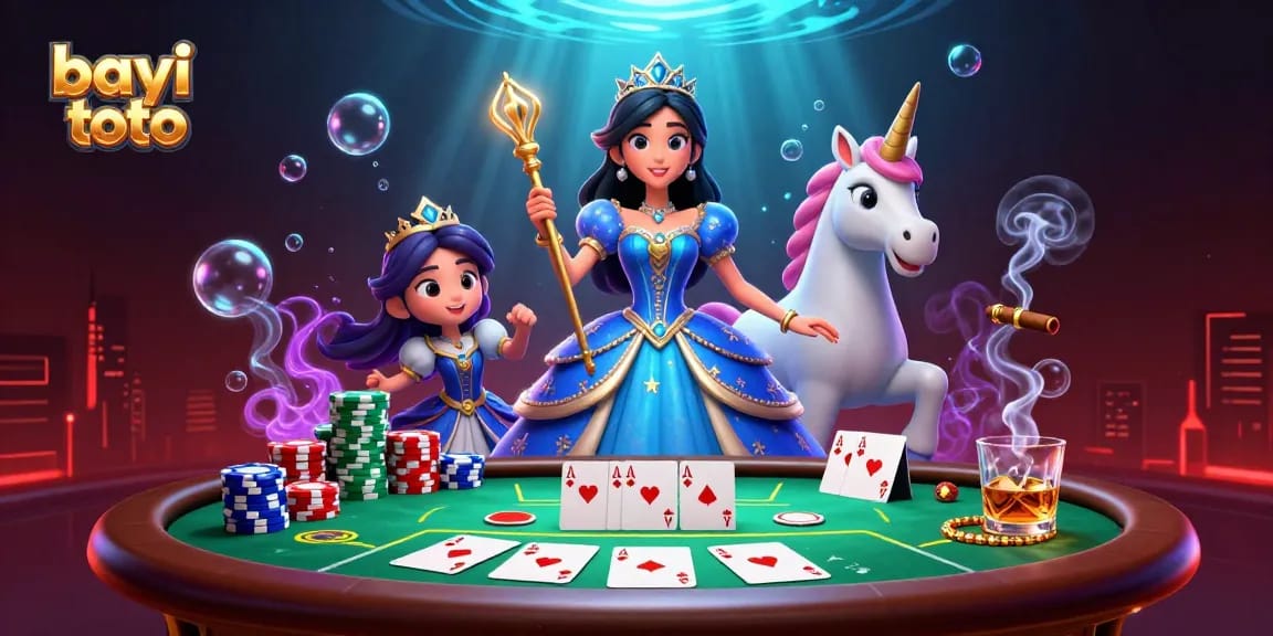 Win big with bayi toto in this vivid 3D illustration showcasing vibrant casino elements and enchanting characters.