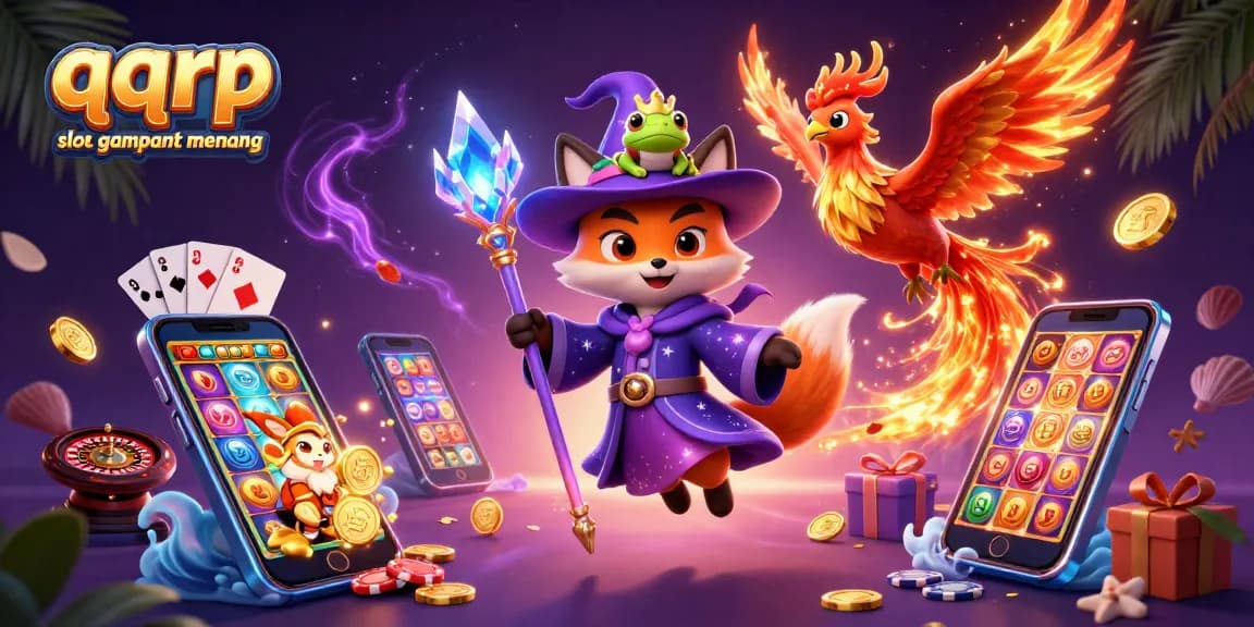 Experience the excitement of qqrp slot gampang menang with a magical wizard fox and phoenix, surrounded by vibrant casino elements.