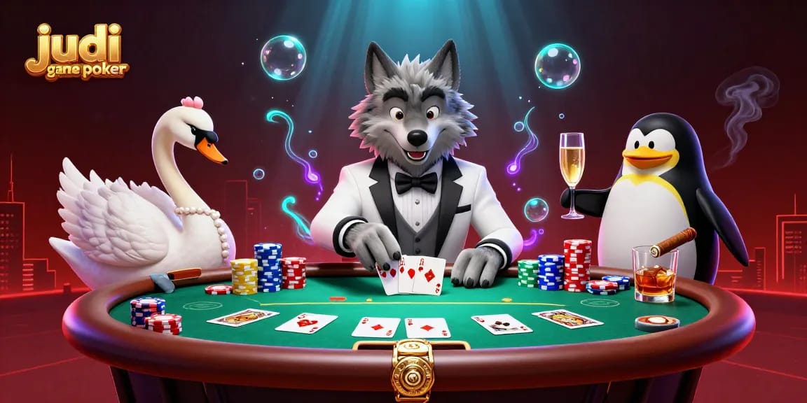 Engage in judi game poker with an animated wolf, swan, and penguin at a vibrant poker table.