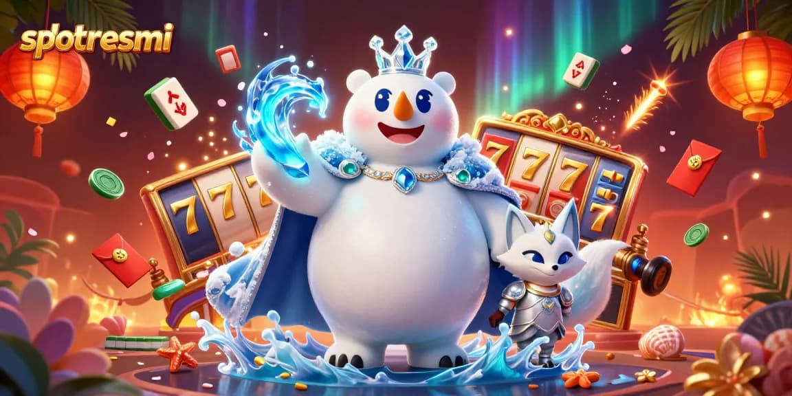 Engage with slotresmi, showcasing a cartoon polar bear and snow fox amidst vibrant casino elements.