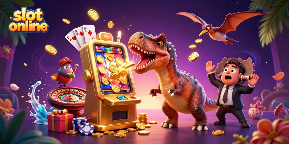 Menang jackpot pada slot online dengan ilustrasi dinosaurus dan manajer kasino yang panik, memeriahkan suasana.
