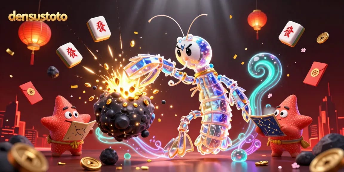 Mengalami keseruan bermain di Densustoto dengan samurai mantis berarmor kristal dan gemerlap harta, simbol hoki dalam permainan togel dan slot.