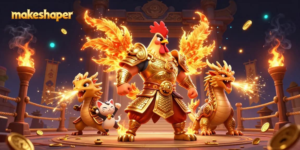 makeshaper offers a vibrant 3D illustration of a fighting rooster and dragon in a dynamic casino setting
