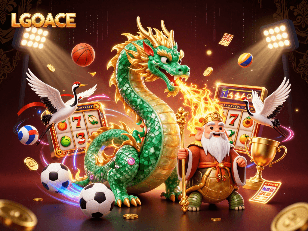 LGOACE showcases a stunning 3D illustration of gambling excitement with a jade dragon, interactive games, and festive elements.