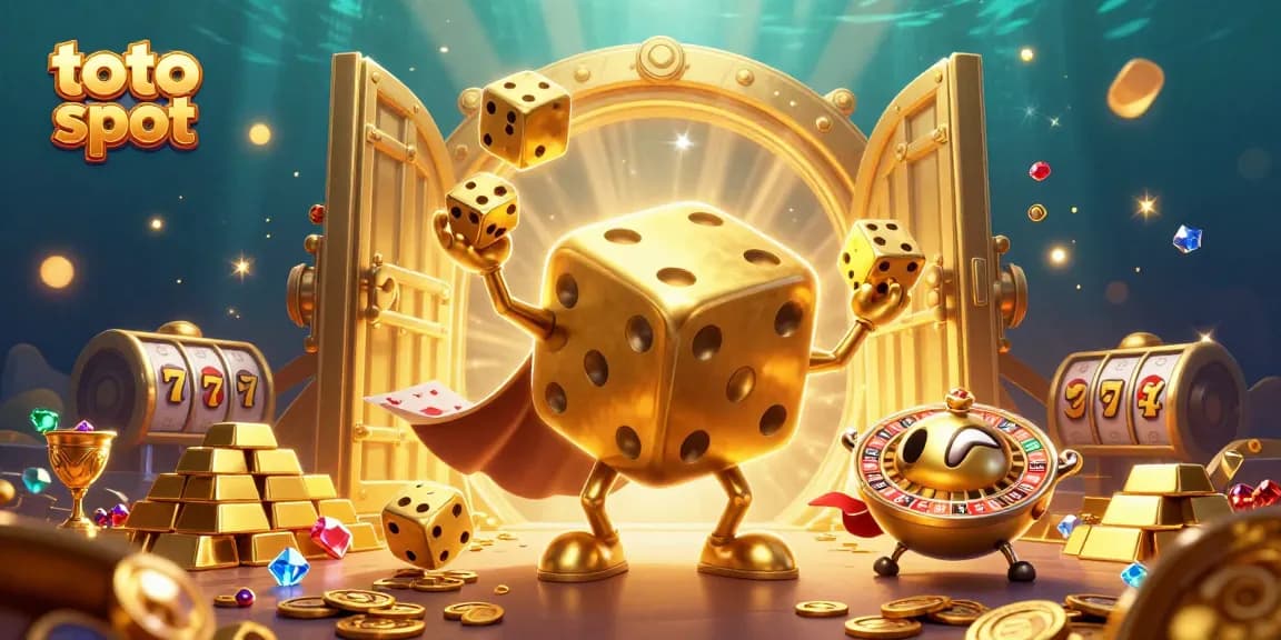Permainan toto slot yang menarik dengan golem dadu emas dan elemen kasino menawan.