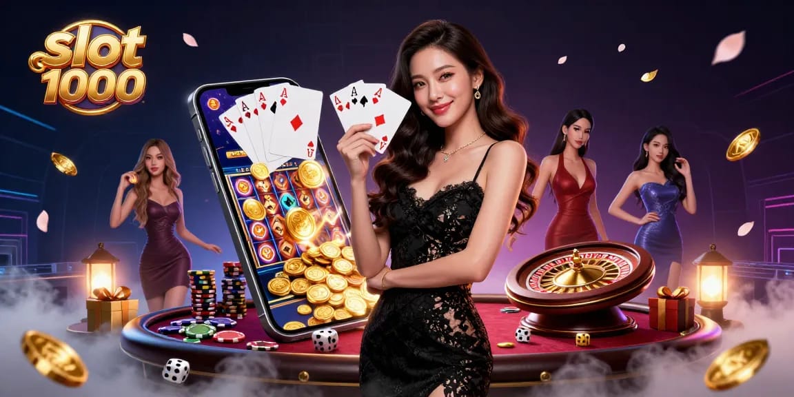 Engage with the thrilling slot deposit 1000 experience, featuring a charismatic Asian woman amidst a luxurious casino scene.