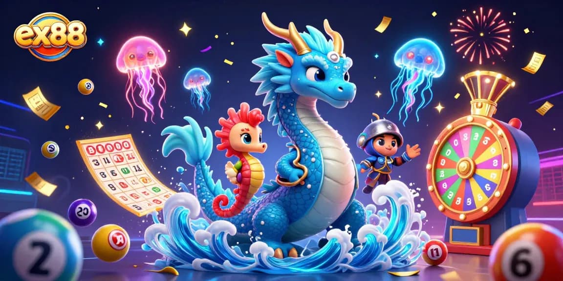 Experience exciting gaming at EX88 with vibrant lottery elements and dynamic characters.