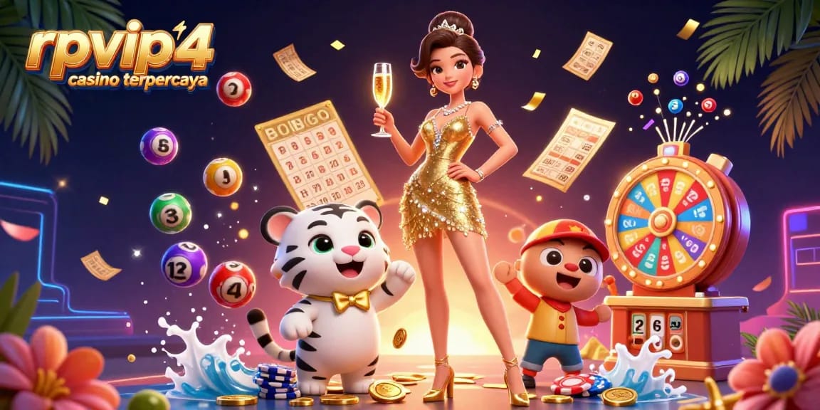 Win big with rpvip4 casino terpercaya in a vibrant illustration featuring a glamorous woman and a lucky tiger.