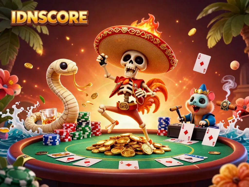 IDNSCORE showcases a vibrant, dynamic casino scene with a dancing mariachi rooster and poker elements.