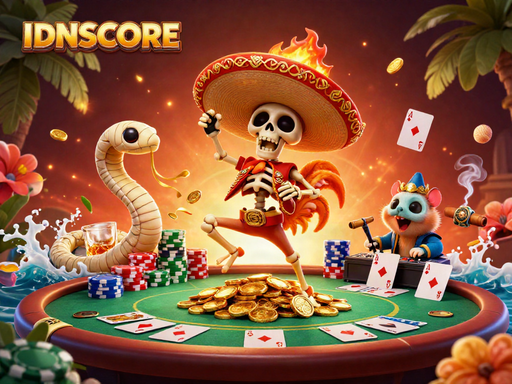 IDNSCORE showcases a vibrant, dynamic casino scene with a dancing mariachi rooster and poker elements.