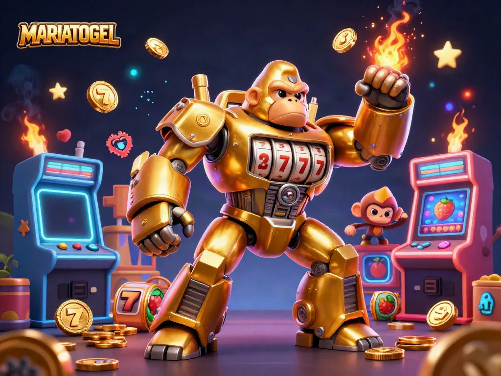 Experience the excitement of MARIATOGEL with an action-packed 3D illustration featuring a golden gorilla mech and casino elements.