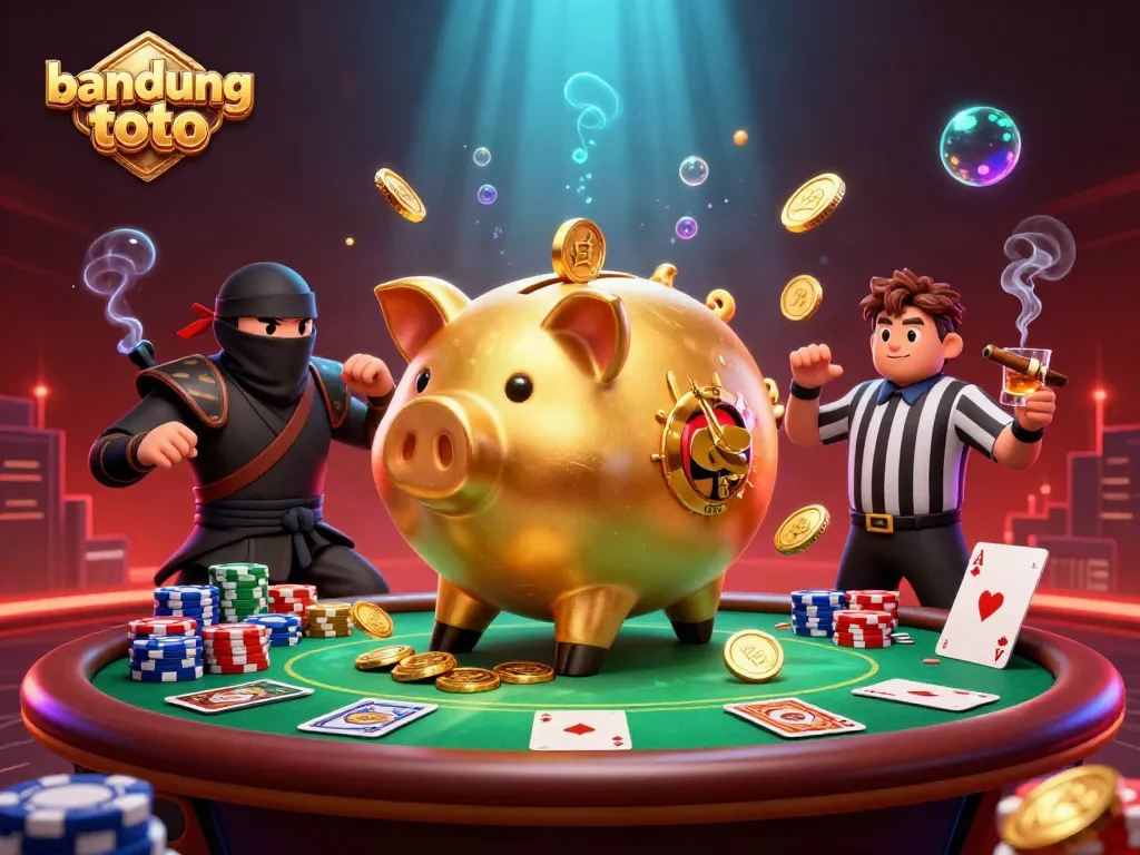Engage in thrilling gameplay with Bandung Toto's dynamic casino illustration featuring characters and vibrant elements.