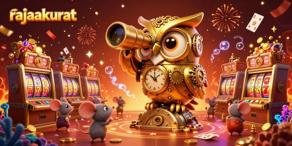 Rajaakurat menghadirkan kasino online dengan karakter burung hantu berjam-jam dan mouse bermain slot dalam suasana meriah.