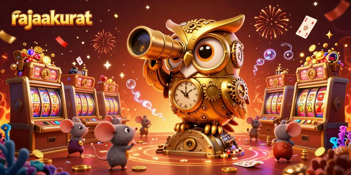 Rajaakurat menghadirkan kasino online dengan karakter burung hantu berjam-jam dan mouse bermain slot dalam suasana meriah.