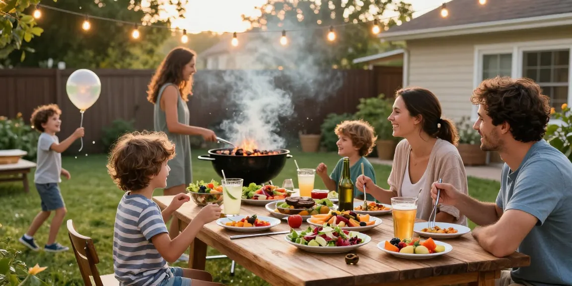 Suasana BBQ di halaman belakang dengan hidangan lezat dan keluarga berkumpul merayakan BOS 88.