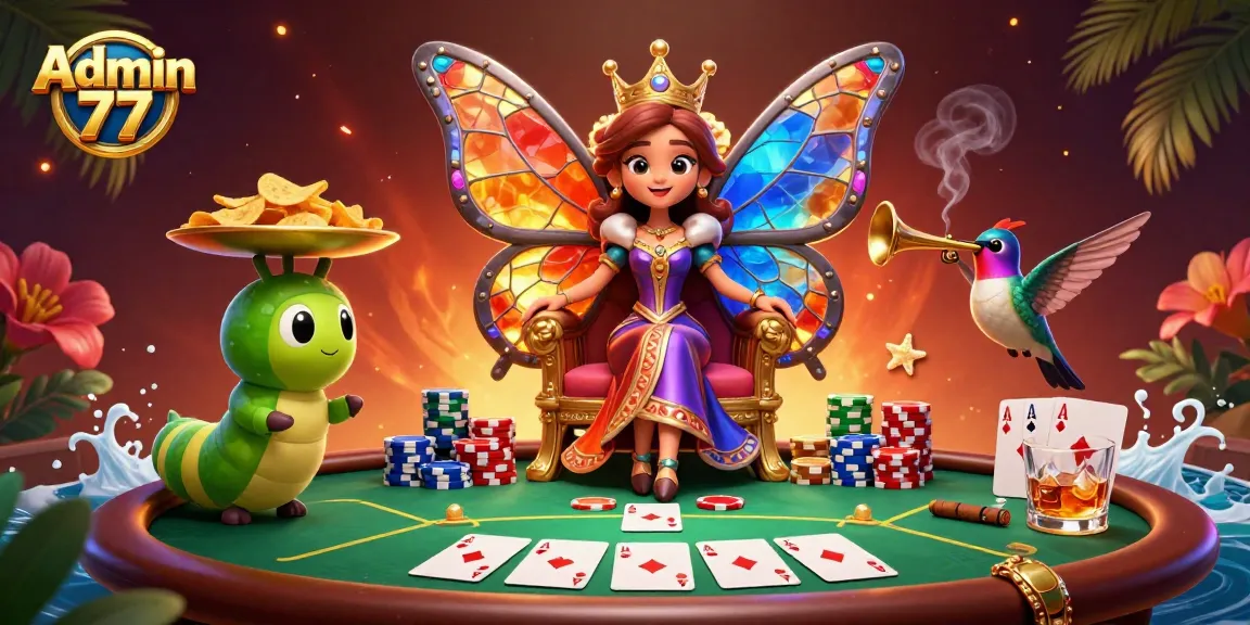 Win big with Admin 77 at this vibrant casino scene showcasing a butterfly queen and poker elements.